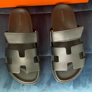 Hermes Chypre Black Leather Sandals Size 36